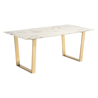 71" White And Gold Faux Marble And Steel Sled Base Dining Table HomeRoots
