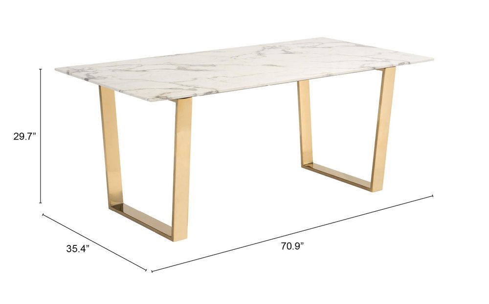 71" White And Gold Faux Marble And Steel Sled Base Dining Table HomeRoots