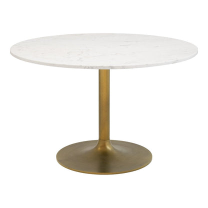 47" White and Gold Marble and Steel Pedestal Base Round Top Dining Table HomeRoots