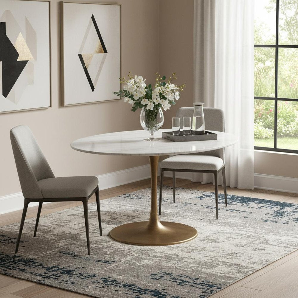 47" White and Gold Marble and Steel Pedestal Base Round Top Dining Table HomeRoots