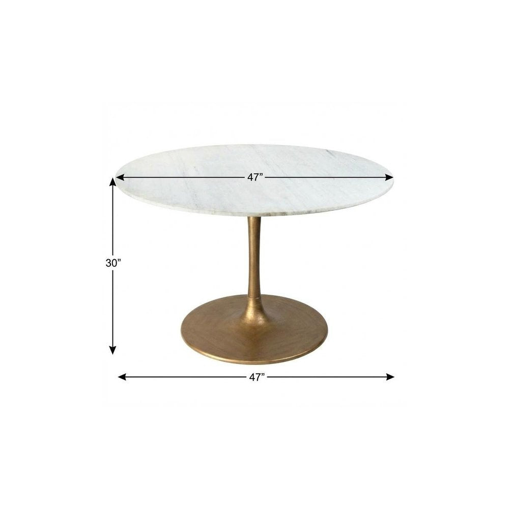 47" White and Gold Marble and Steel Pedestal Base Round Top Dining Table HomeRoots