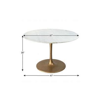 47" White and Gold Marble and Steel Pedestal Base Round Top Dining Table HomeRoots