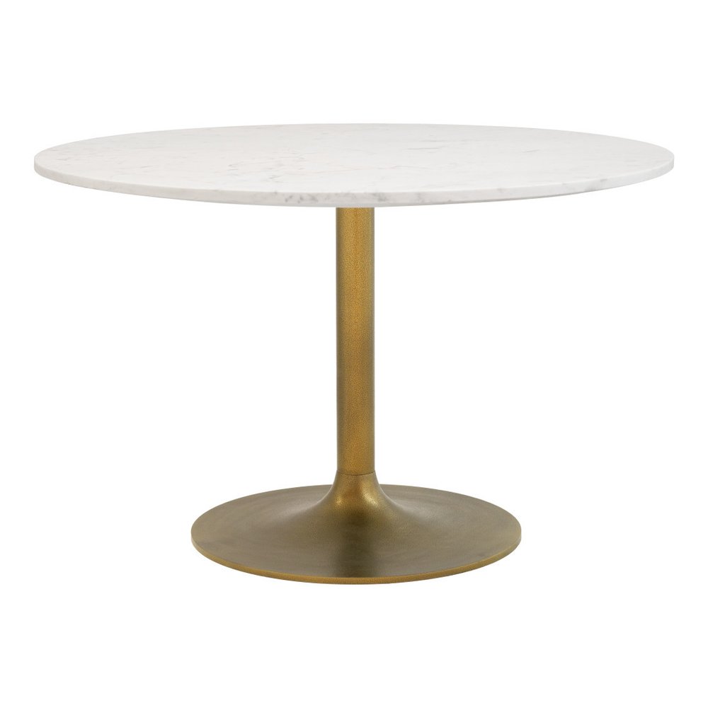 47" White and Gold Marble and Steel Pedestal Base Round Top Dining Table HomeRoots