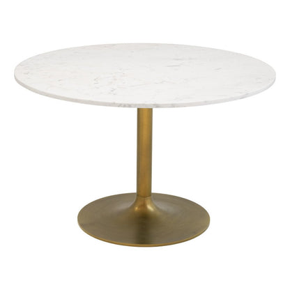 47" White and Gold Marble and Steel Pedestal Base Round Top Dining Table HomeRoots