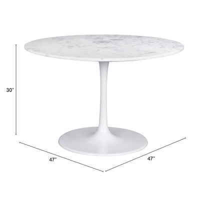 47" White Rounded Marble And Steel Pedestal Base Dining Table