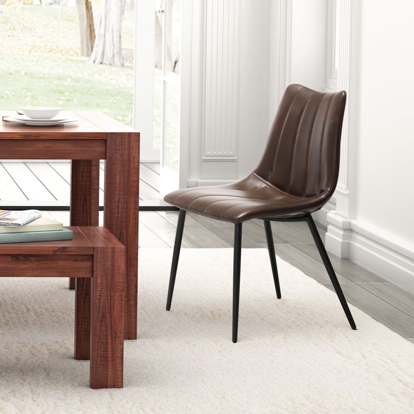 Set Of Two Black Brown Faux Leather Solid Back Dining Chairs