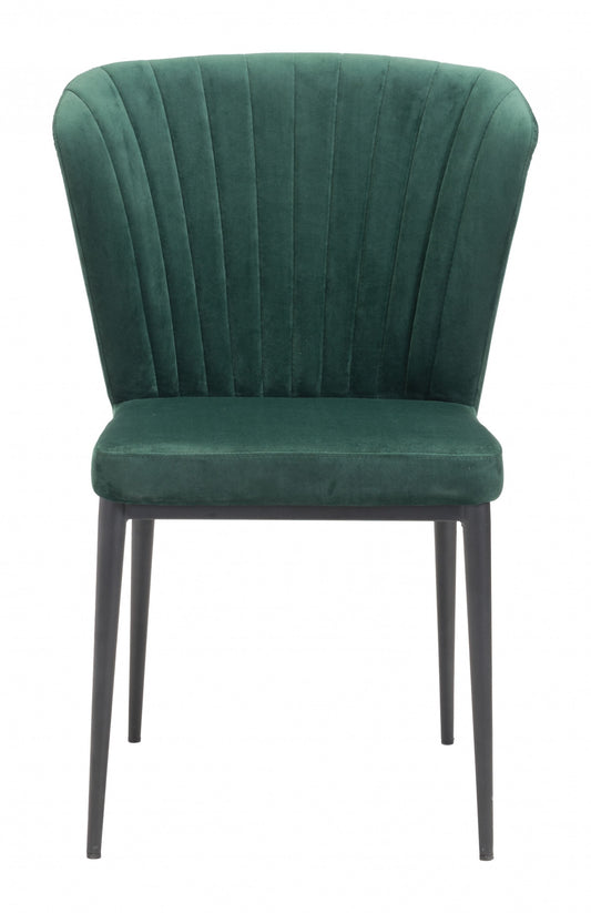 Set of Two Tufted Green and Black Upholstered Velvet Wing Back Dining Side Chairs