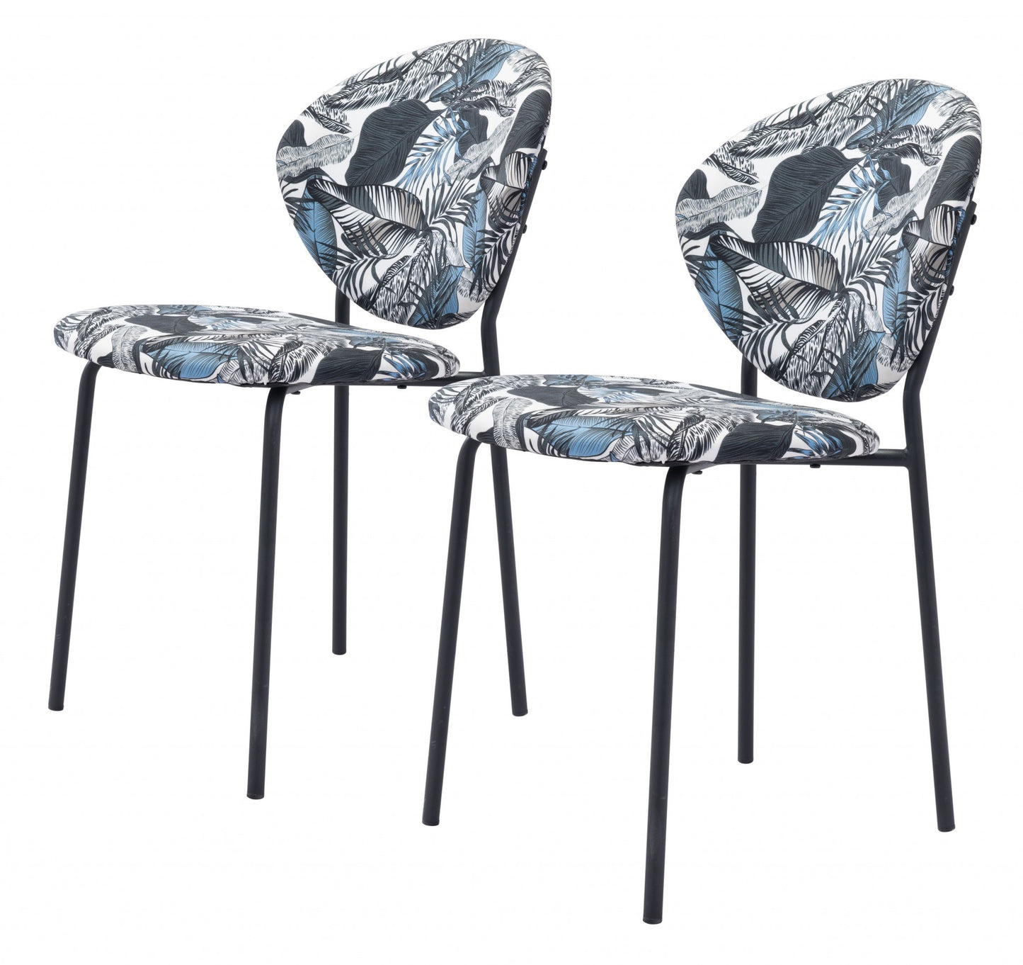 Set of Two Blue Black And White Upholstered Fabric King Louis Back Dining Side Chairs