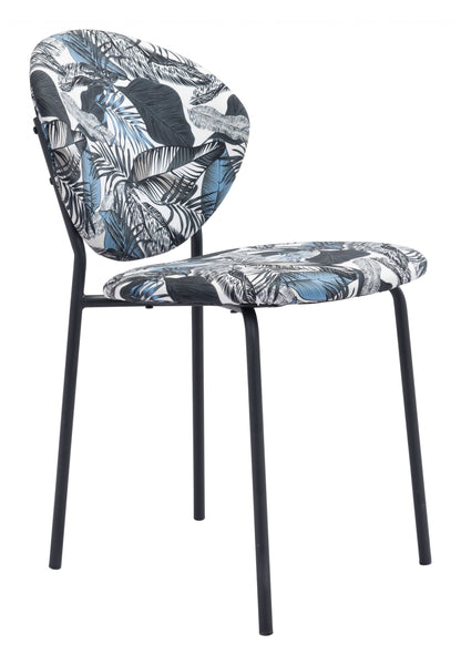 Set of Two Blue Black and White Tropical Design Dining or Side Chairs