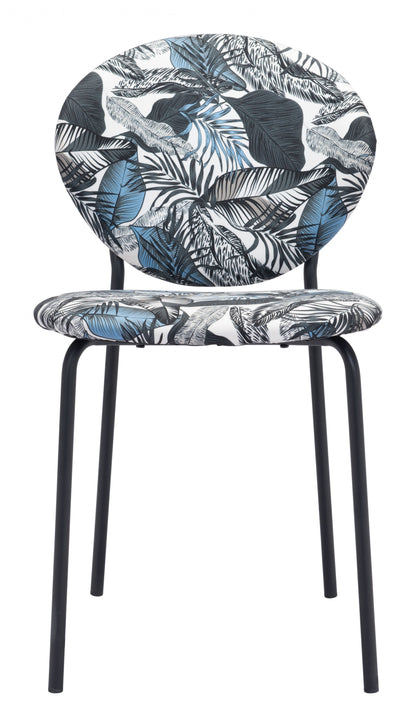 Set of Two Blue Black and White Tropical Design Dining or Side Chairs