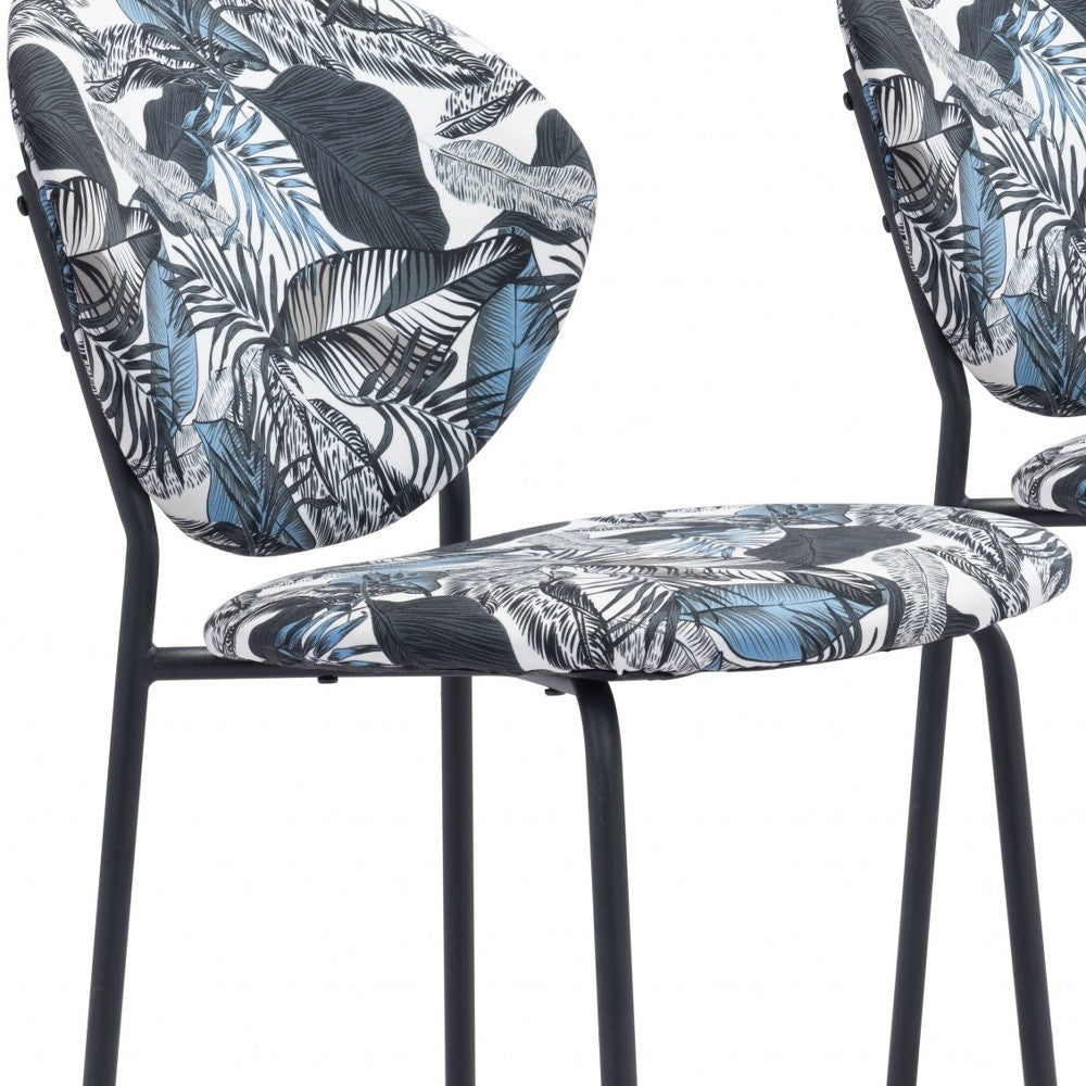 Set of Two Blue Black and White Tropical Design Dining or Side Chairs