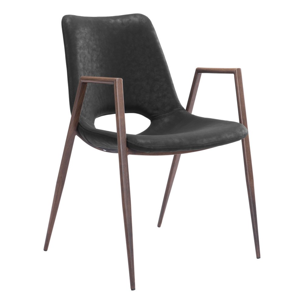 Set of Two Black and Brown Faux Leather and Steel Open Back Dining Arm Chairs — view 8
