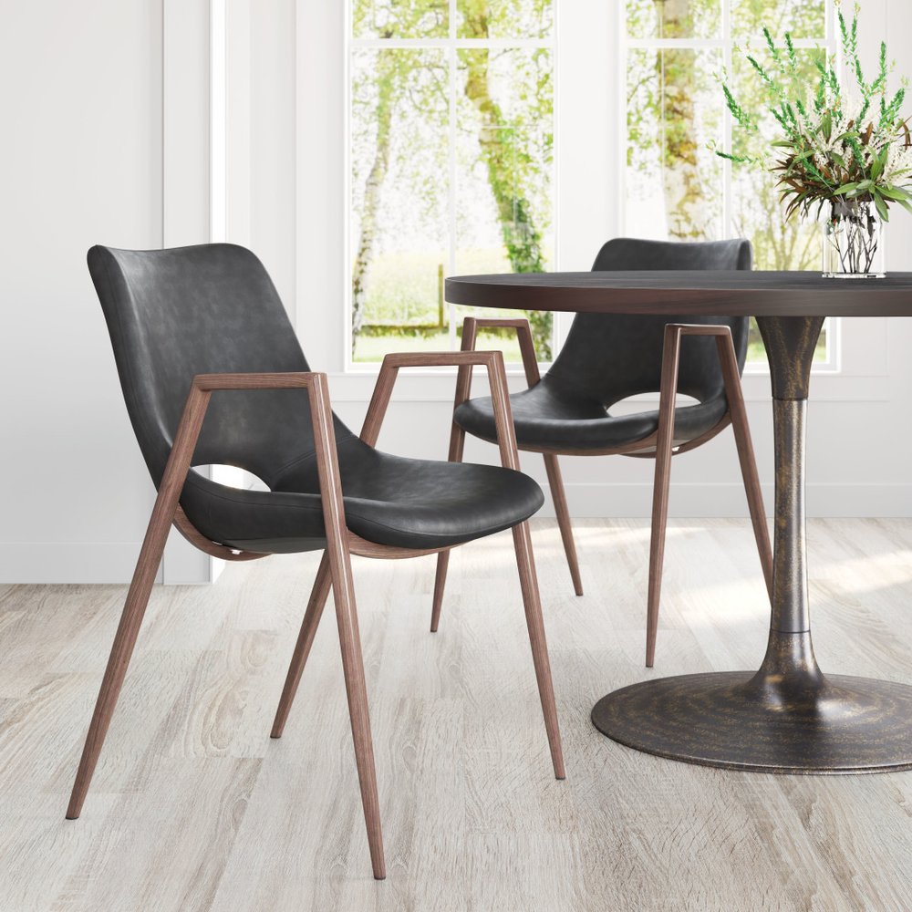 Set of Two Black and Brown Faux Leather and Steel Open Back Dining Arm Chairs HomeRoots