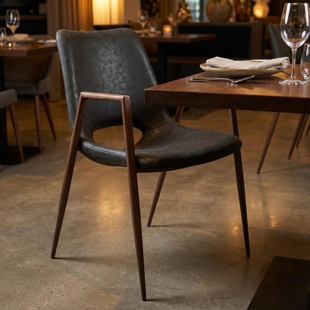 Set of Two Black and Brown Faux Leather and Steel Open Back Dining Arm Chairs HomeRoots