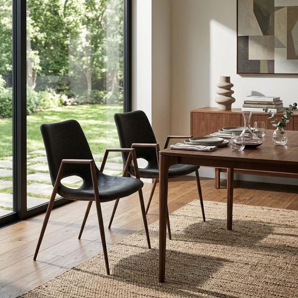 Set of Two Black and Brown Faux Leather and Steel Open Back Dining Arm Chairs — view 12