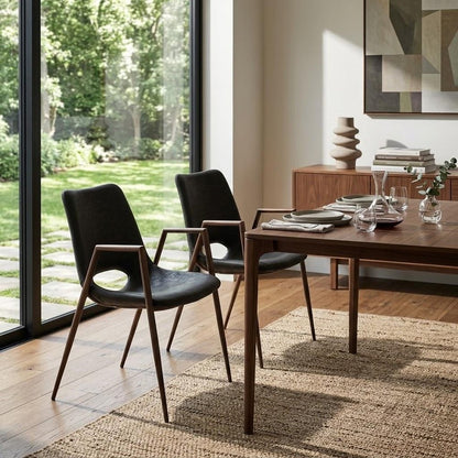 Set of Two Black and Brown Faux Leather and Steel Open Back Dining Arm Chairs