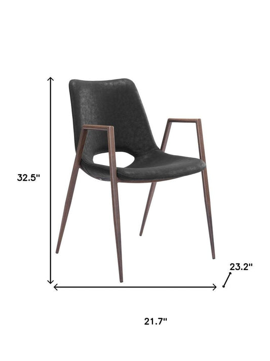 Set of Two Black and Brown Faux Leather and Steel Open Back Dining Arm Chairs HomeRoots
