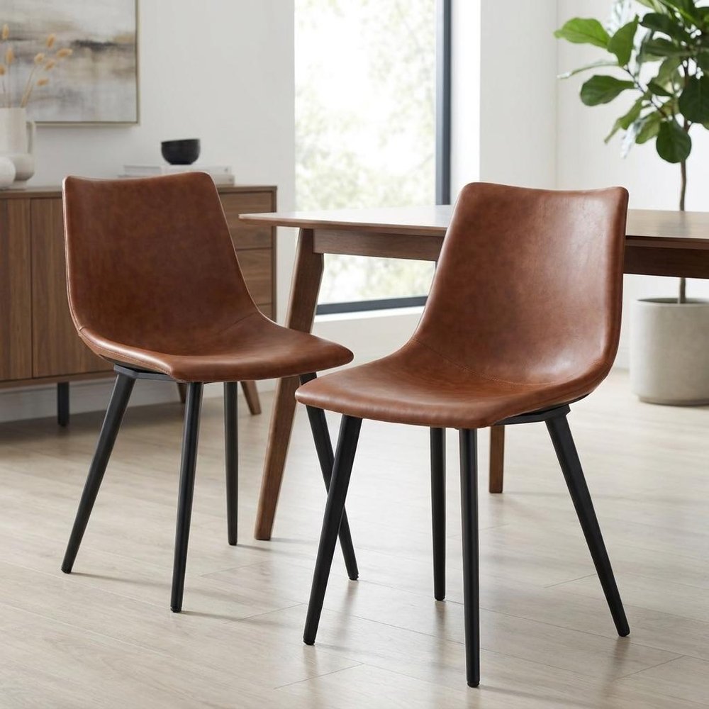 Set of Two Brown Vintage Look Faux Leather Slight Scoop Dining Chairs HomeRoots