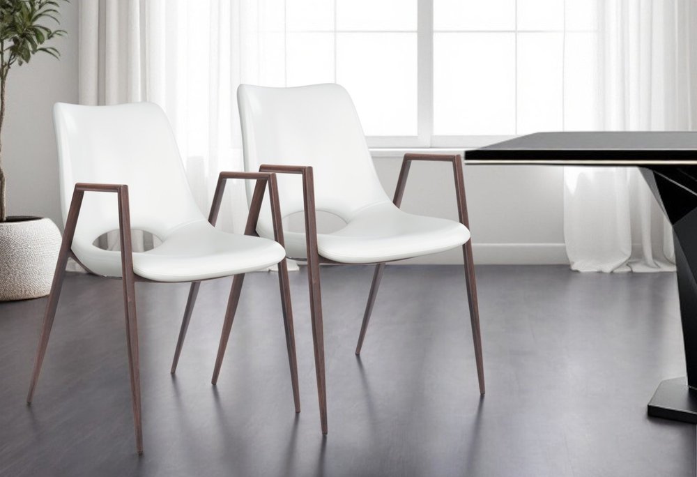 Set of Two White and Brown Upholstered Faux Leather Open Back Dining Arm Chairs HomeRoots