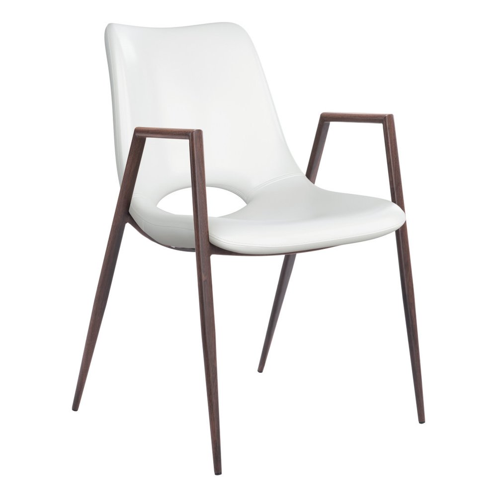 Set of Two White and Brown Upholstered Faux Leather Open Back Dining Arm Chairs HomeRoots