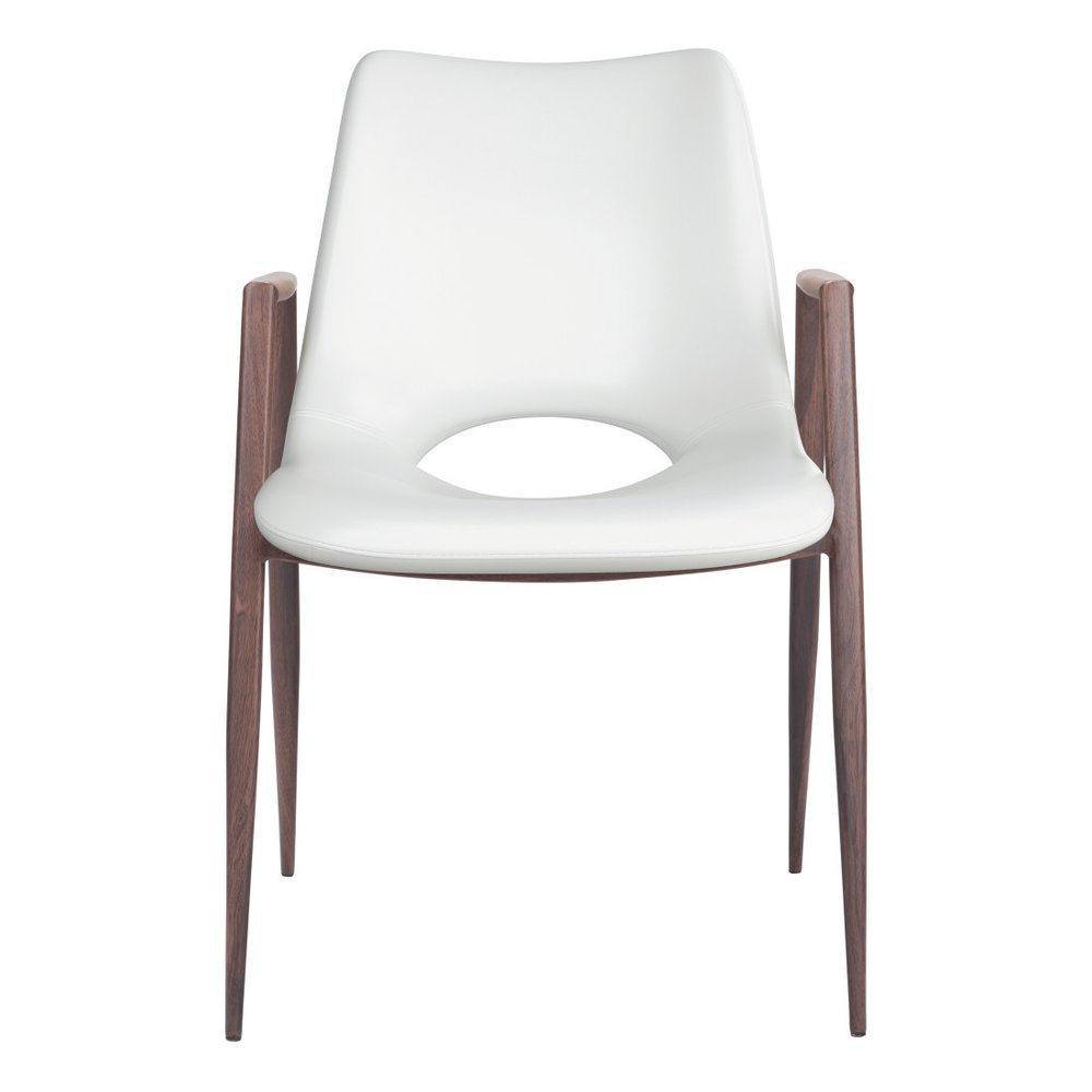 Set of Two White and Brown Upholstered Faux Leather Open Back Dining Arm Chairs HomeRoots