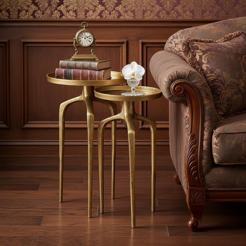 Set of Two Antiqued Gold and Gold Distressed Aluminum Nested Tables HomeRoots