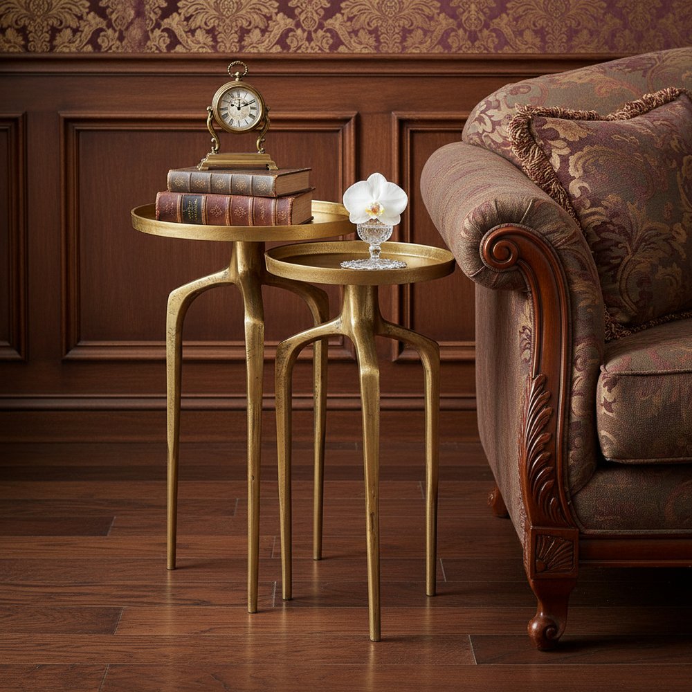 Set of Two Antiqued Gold and Gold Distressed Aluminum Nested Tables HomeRoots