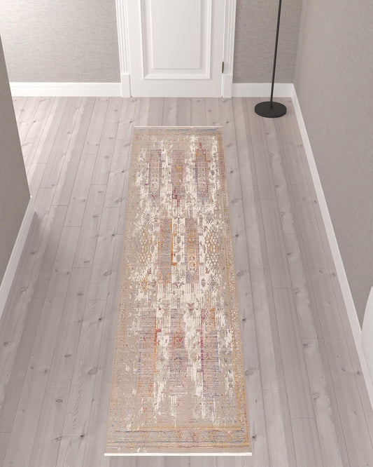 2’ x 10’ Beige Faded Tribal Motifs Runner Rug