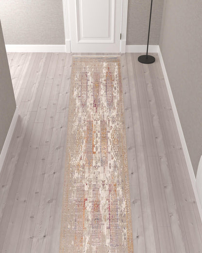 2’ x 10’ Beige Faded Tribal Motifs Runner Rug