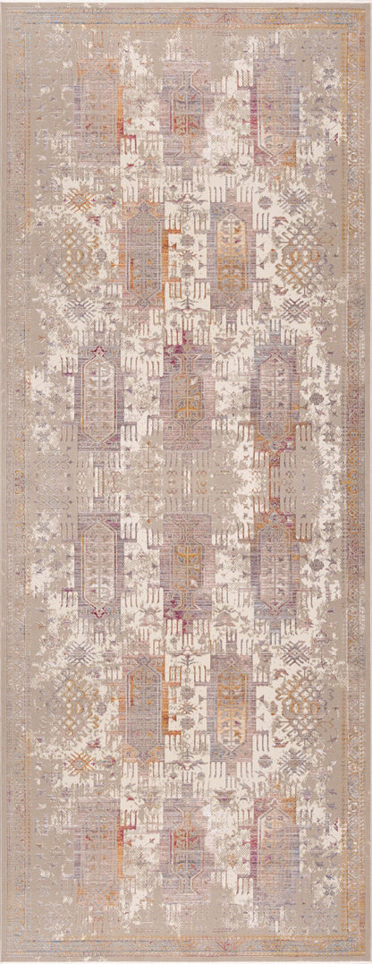 2’ x 10’ Beige Faded Tribal Motifs Runner Rug