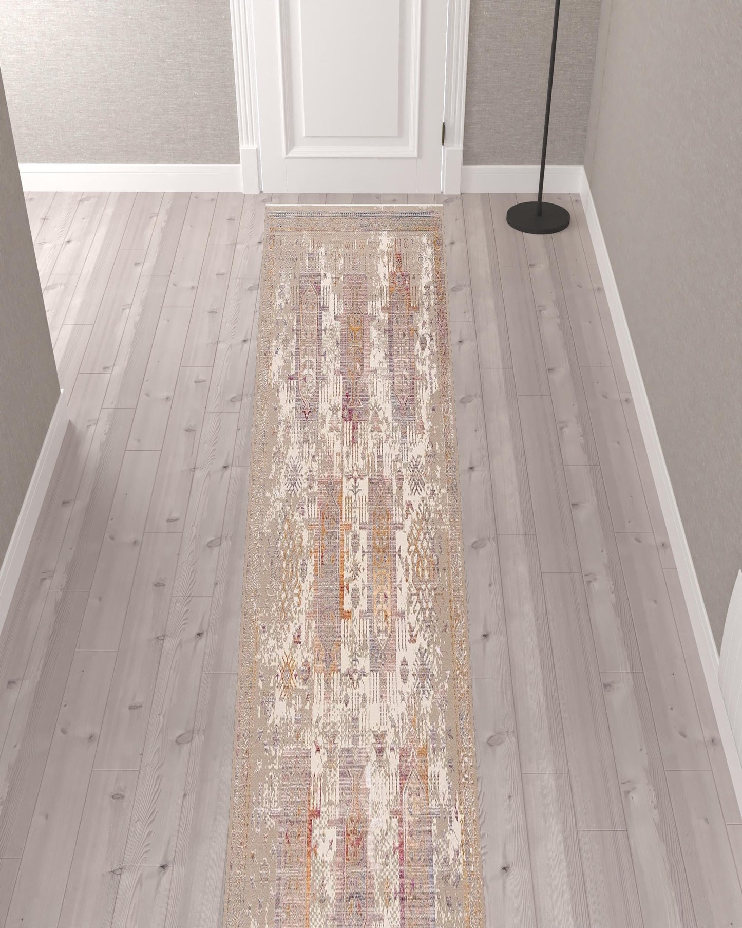 2’ x 10’ Beige Faded Tribal Motifs Runner Rug