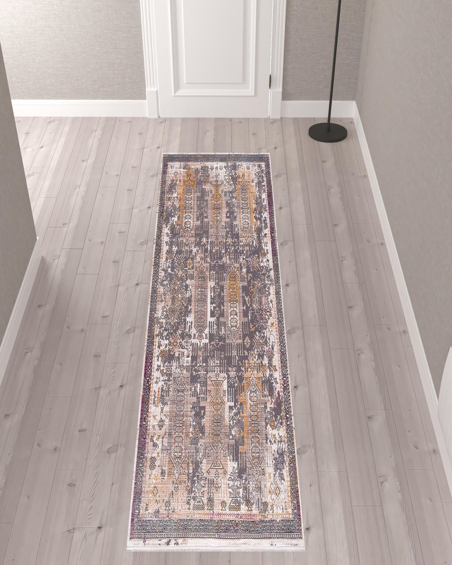 2’ x 10’ Gray Faded Tribal Motifs Runner Rug