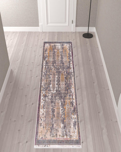 2’ x 10’ Gray Faded Tribal Motifs Runner Rug