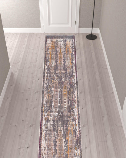 2’ x 10’ Gray Faded Tribal Motifs Runner Rug