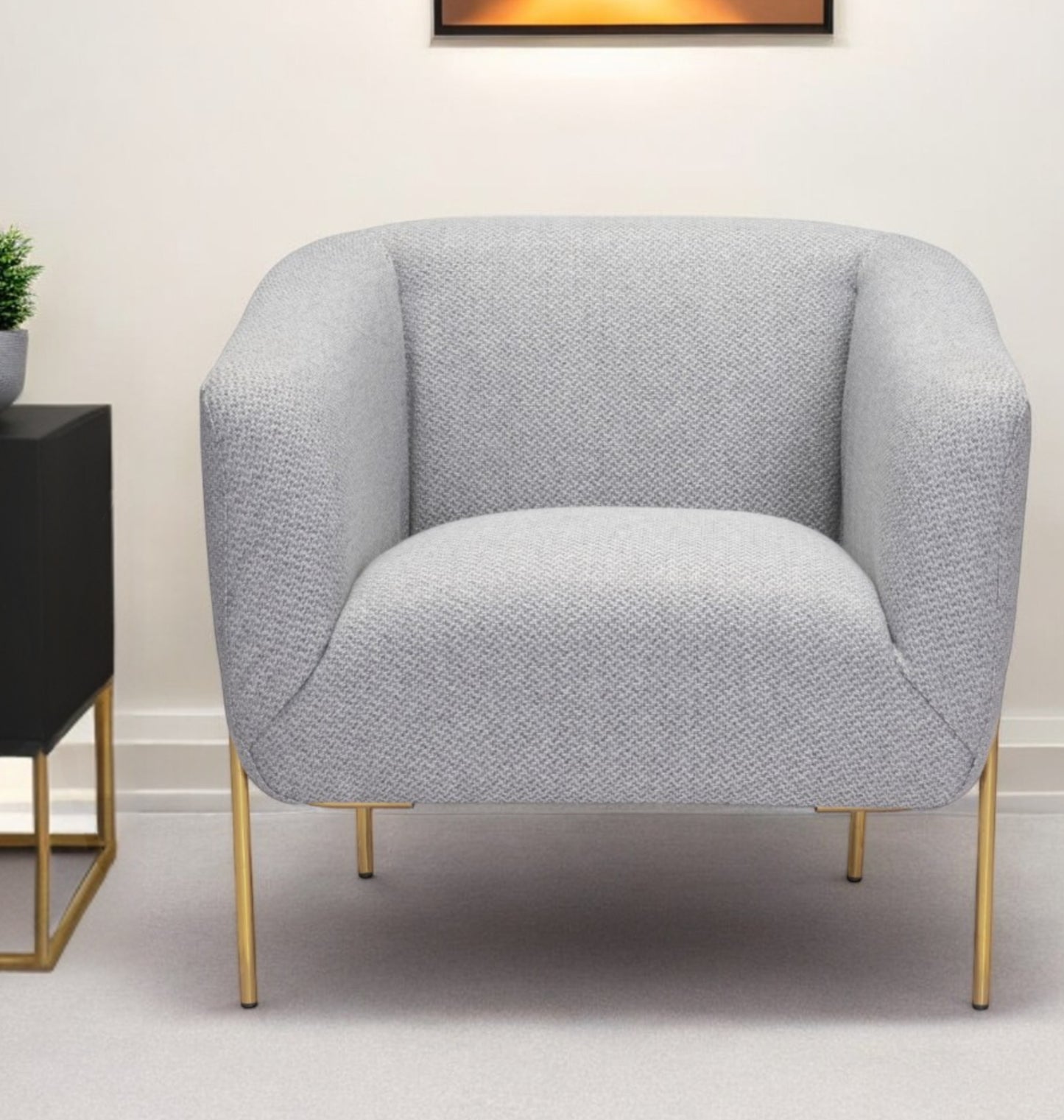 31" Gray And Gold Fabric And Upholstered Arm Chair