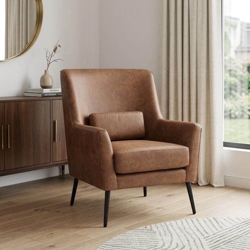 29" Brown And Black Faux Leather And Upholstered Arm Chair And Toss Pillow HomeRoots