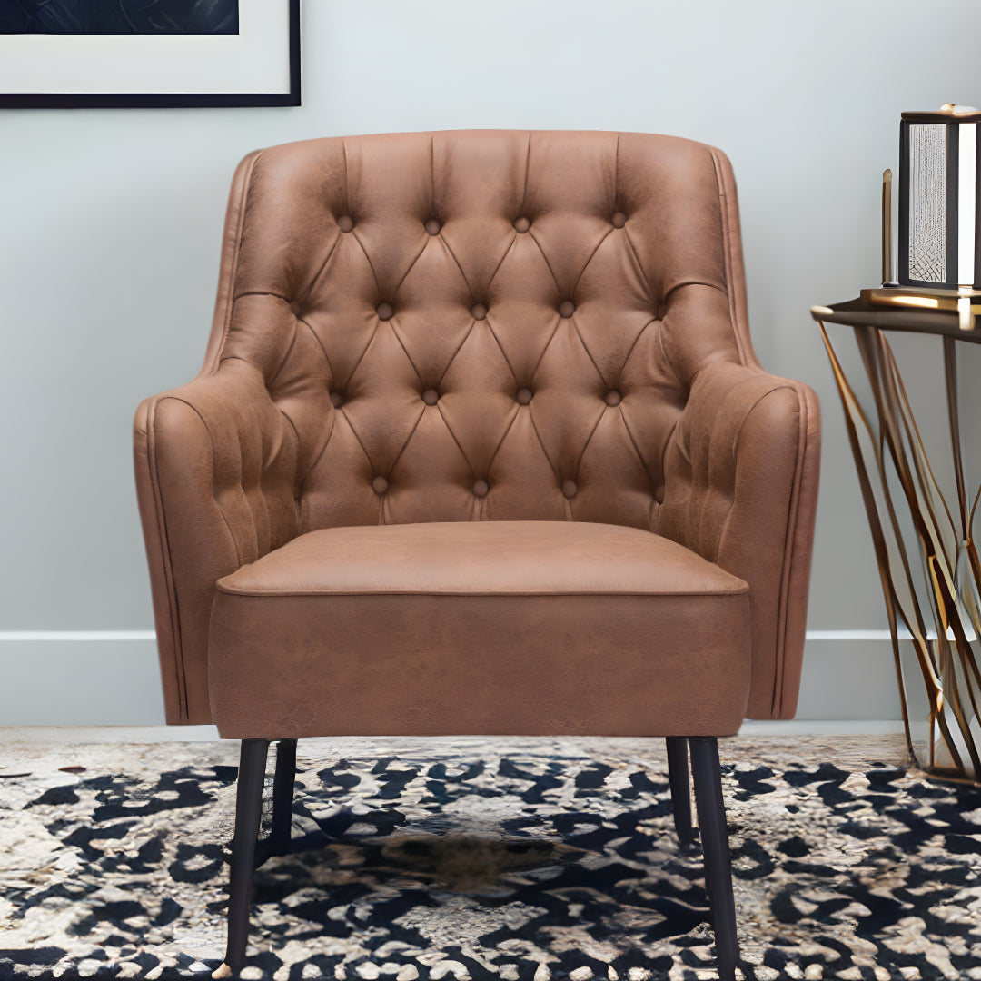 29" Brown And Black Faux Leather And Upholstered Tufted Chesterfield Chair