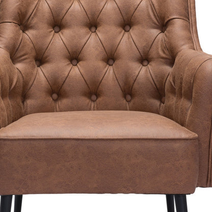 29" Brown And Black Faux Leather And Upholstered Tufted Chesterfield Chair