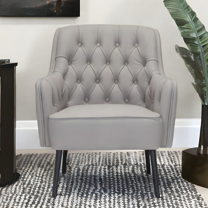 29" Gray And Black Faux Leather And Upholstered Tufted Chesterfield Chair