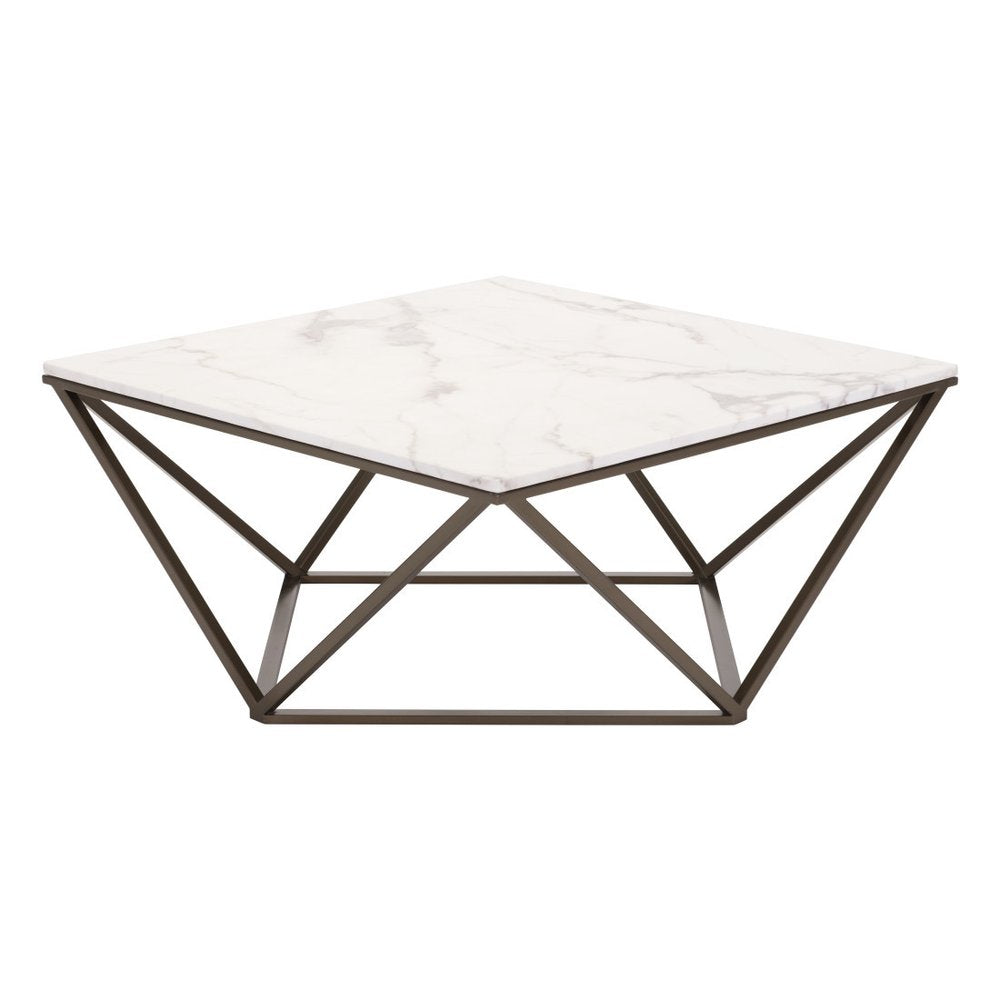 36" White and Antiqued Brass Faux Marble And Steel Square Abstract Coffee Table HomeRoots