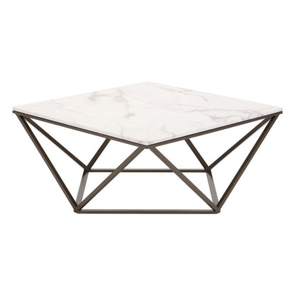 36" White and Antiqued Brass Faux Marble And Steel Square Abstract Coffee Table HomeRoots