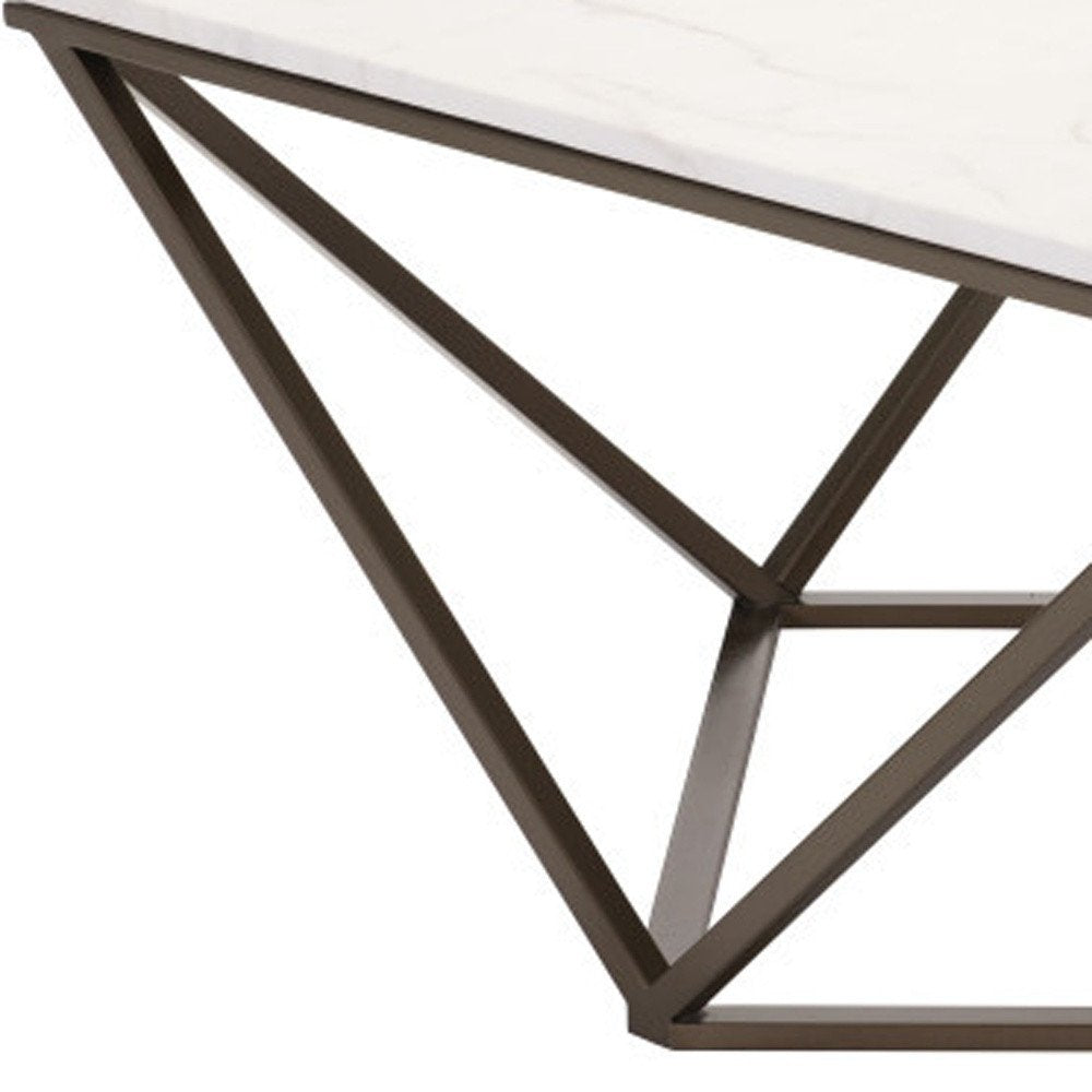 36" White and Antiqued Brass Faux Marble And Steel Square Abstract Coffee Table HomeRoots