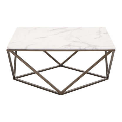 36" White and Antiqued Brass Faux Marble And Steel Square Abstract Coffee Table HomeRoots