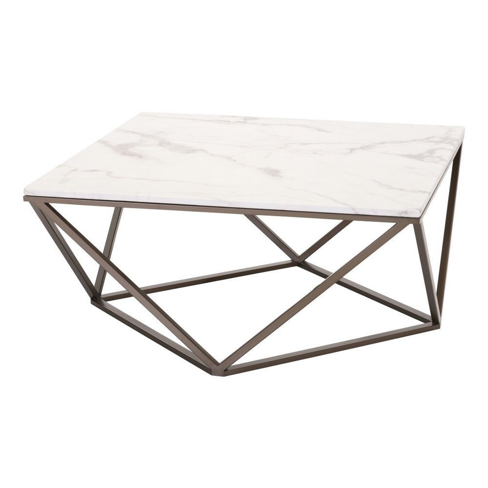 36" White and Antiqued Brass Faux Marble And Steel Square Abstract Coffee Table HomeRoots