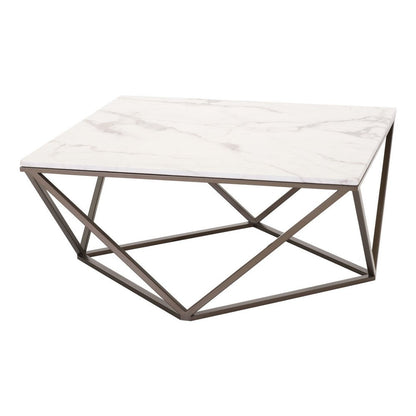 36" White and Antiqued Brass Faux Marble And Steel Square Abstract Coffee Table HomeRoots