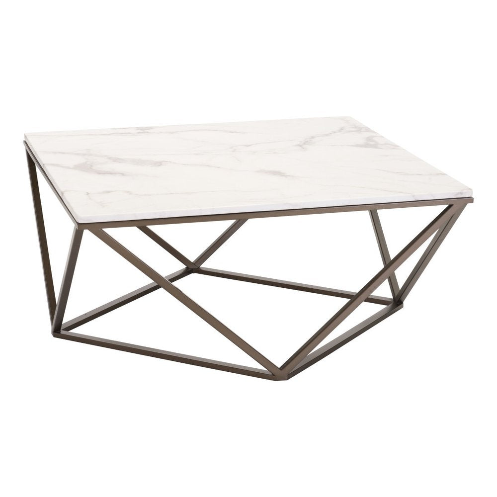 36" White and Antiqued Brass Faux Marble And Steel Square Abstract Coffee Table HomeRoots