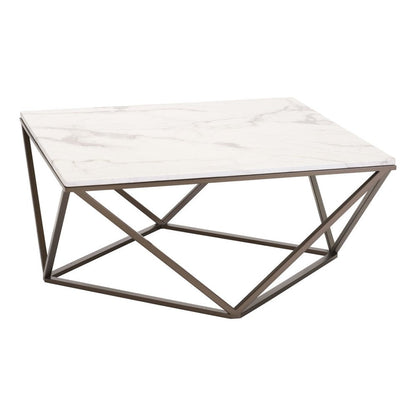 36" White and Antiqued Brass Faux Marble And Steel Square Abstract Coffee Table HomeRoots