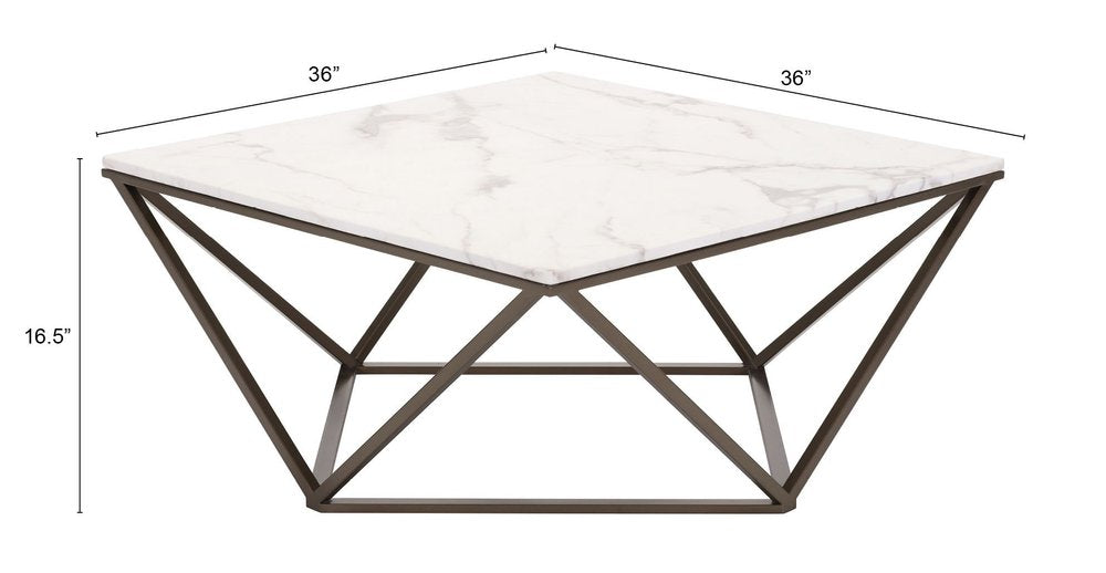 36" White and Antiqued Brass Faux Marble And Steel Square Abstract Coffee Table HomeRoots