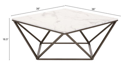 36" White and Antiqued Brass Faux Marble And Steel Square Abstract Coffee Table HomeRoots