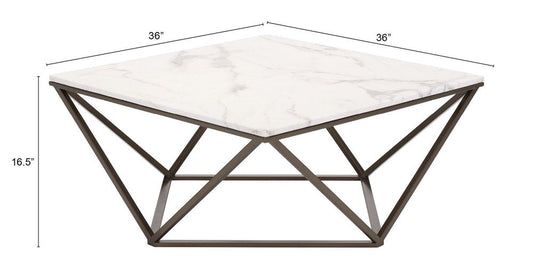 36" White and Antiqued Brass Faux Marble And Steel Square Abstract Coffee Table HomeRoots